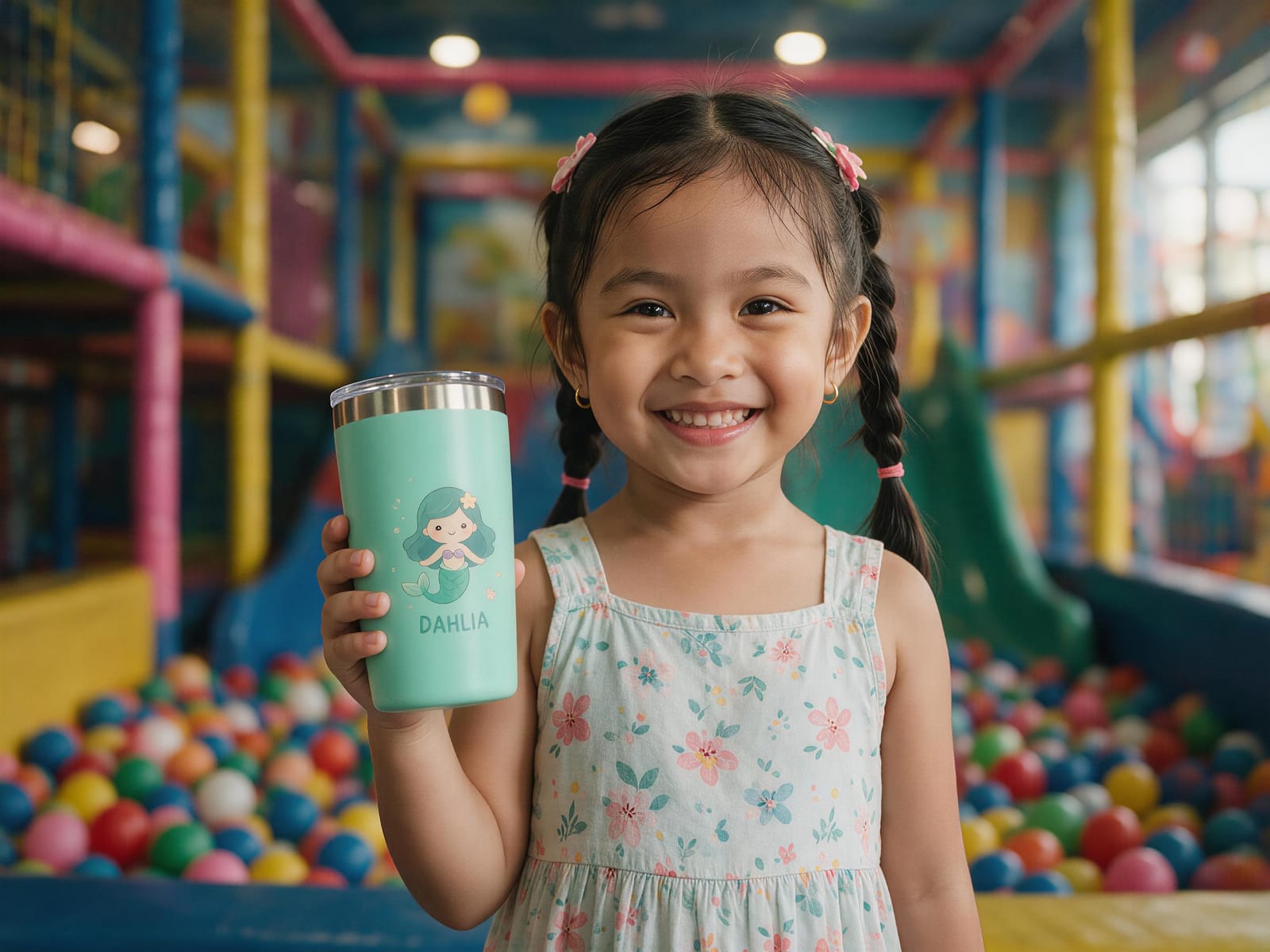 Child holding a cyan tumbler engraved with a mermaid and the name Dahlia